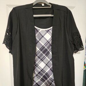 Black Open Front Cardigan and Plaid Top Set